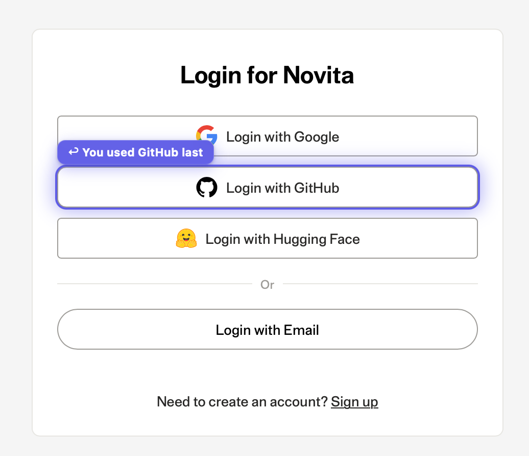 A Novita login screen where the extension flags 'You used GitHub last' and highlights the GitHub button.